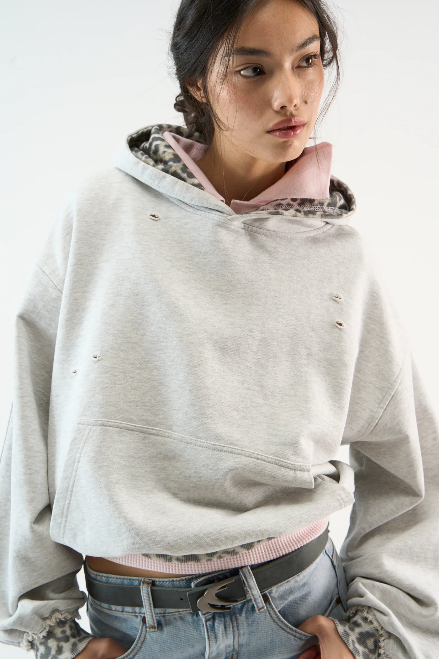 Mélange Hoodie with Printed Trim