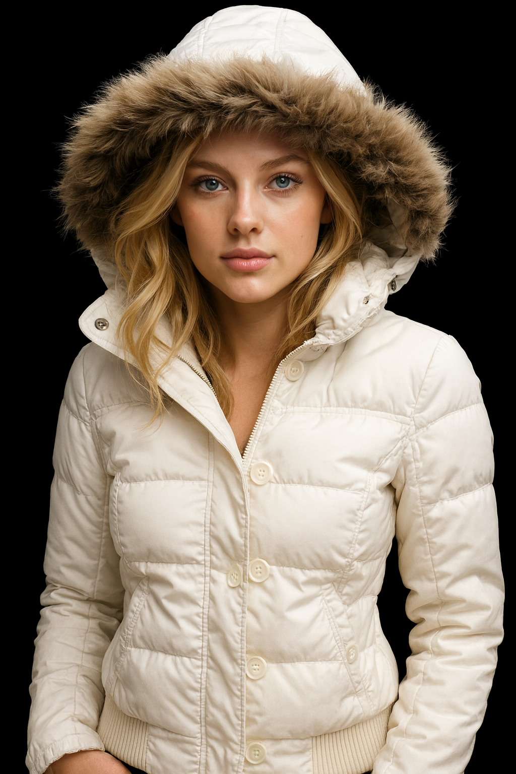 Arctic Luxe Women’s Puffer Jacket with Faux Fur Hood – Winter White