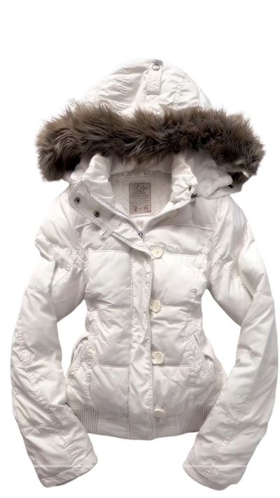 Arctic Luxe Women’s Puffer Jacket with Faux Fur Hood – Winter White